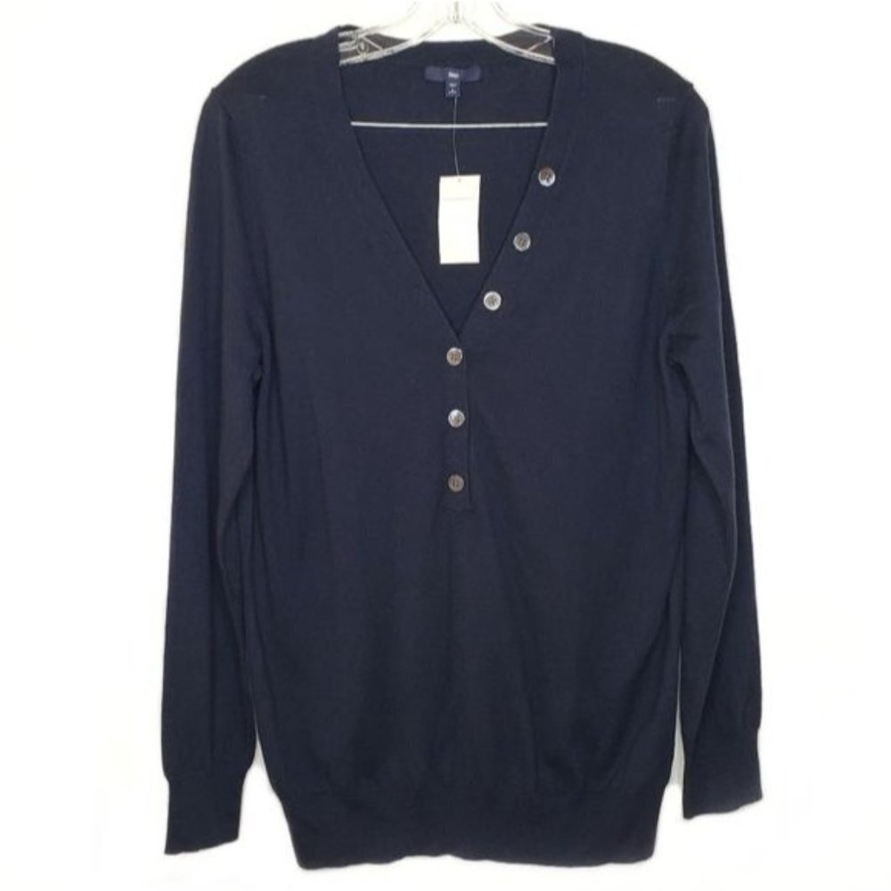 GAP Navy V-Neck Button Front Silk Blend Pullover Sweater